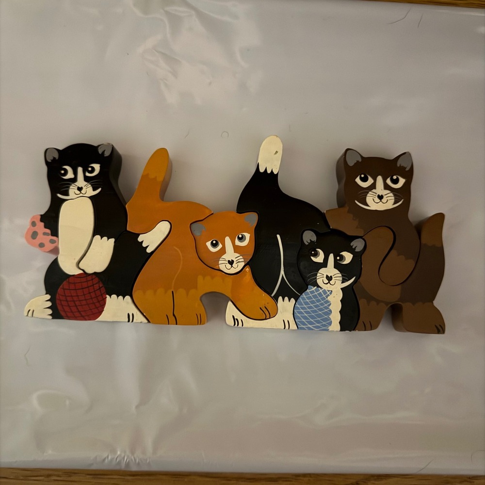 Vtg Wooden Cat Puzzle Interlocking Feline Figurines Folk Art Decor GrandmaCore